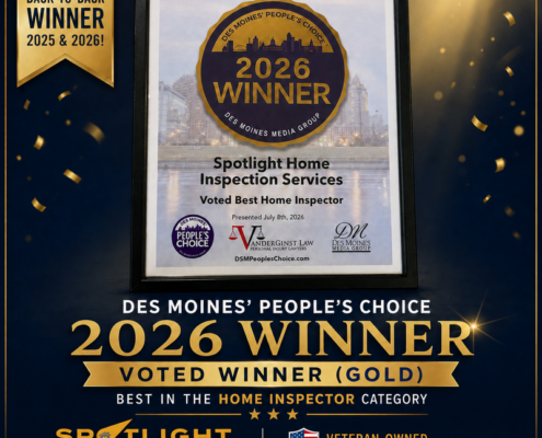 Spotlight Home Inspection Services, 2026 Des Moines’ People’s Choice Gold winner for Best Home Inspector.