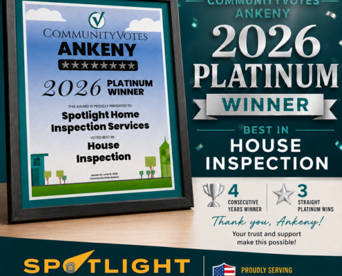 Spotlight Home Inspection Services, 2026 CommunityVotes Ankeny Platinum winner in House Inspection.