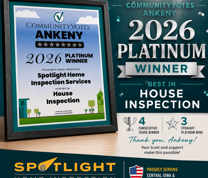 Spotlight Home Inspection Services, 2026 CommunityVotes Ankeny Platinum winner in House Inspection.